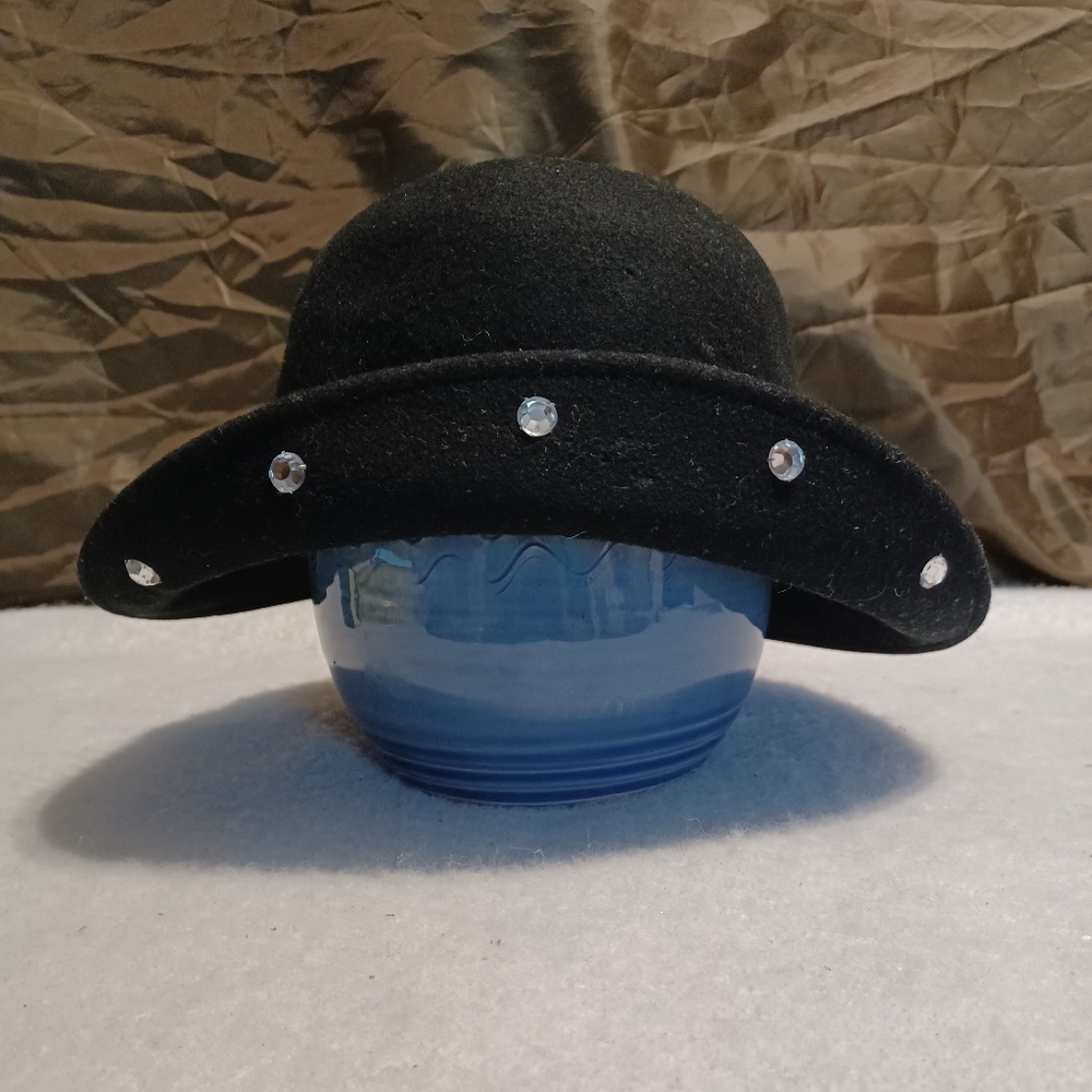 Vintage Bollman Black Wool Bowler Flip Brim Bucket Hat Rhinestones Women USED.